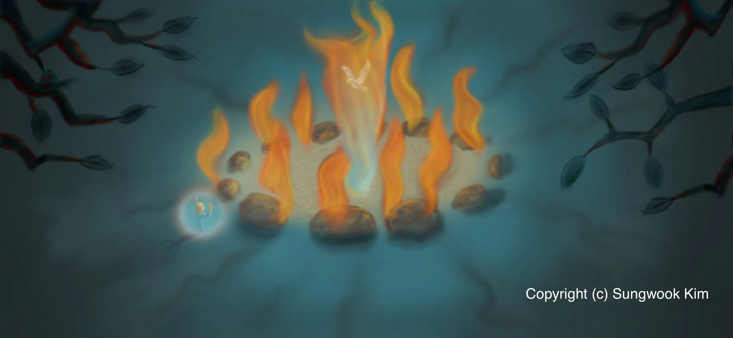 the player sprite being encouraged around the bonfire.